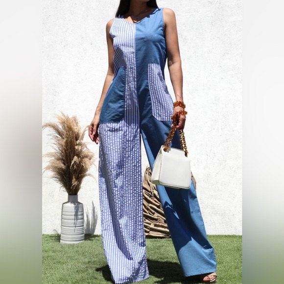 Dress Day Pants - Patchwork Blue Wide-Leg Jumpsuit